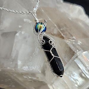 Black Tourmaline Onyx Jet Black Gemstone Wire-Wrapped Crystal Necklace